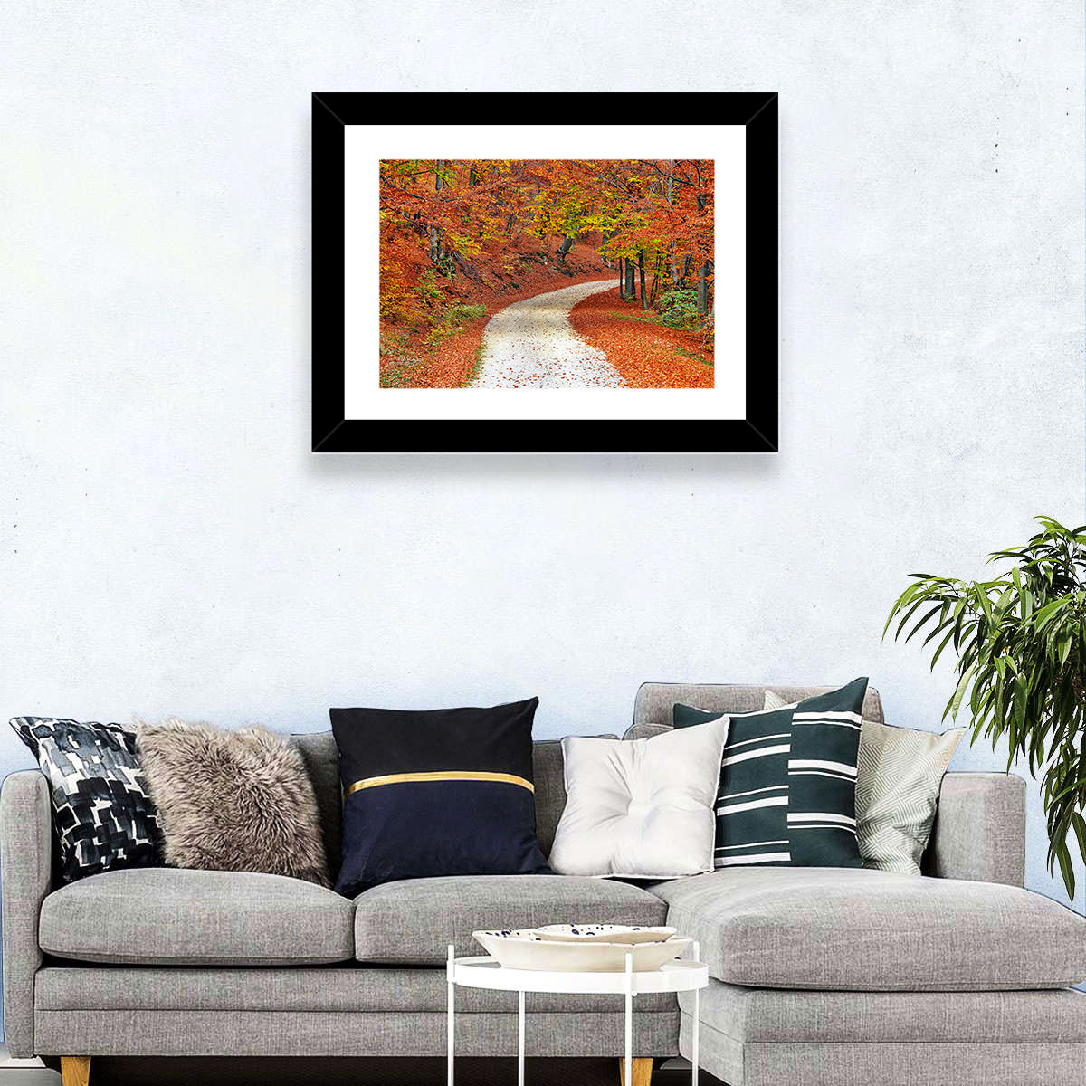 Misty Gravel Path Through Autumn Trees Wall Art in a room, landscape