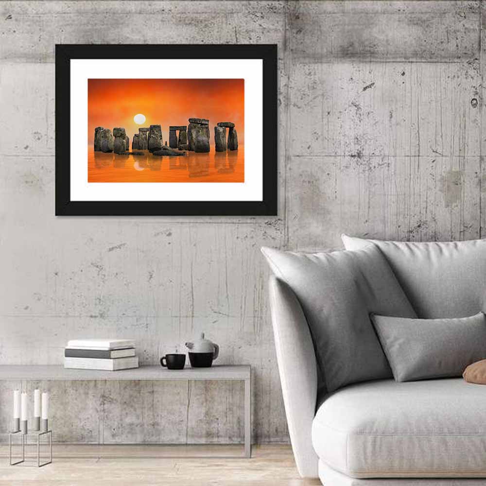 Stonehenge Sunrise Reflection Wall Art in a room, landscape