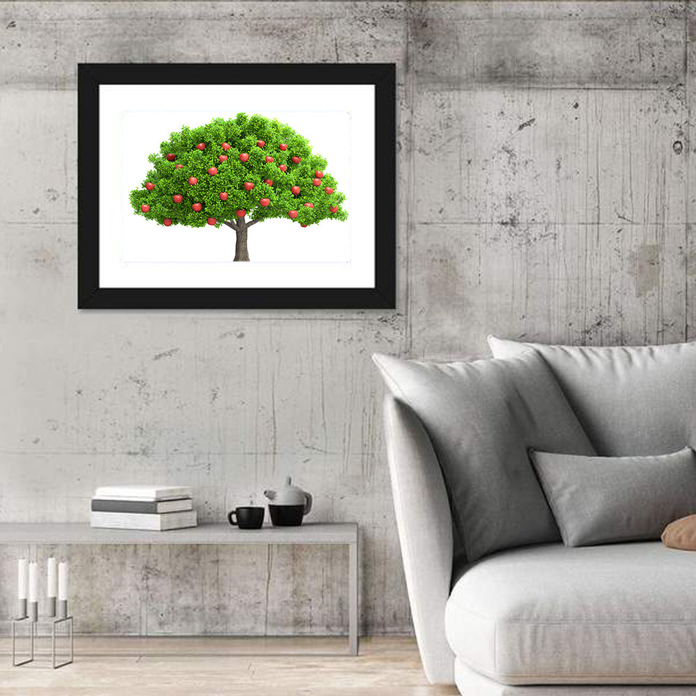 Bright Red Apple Tree Illustration Wall Art in a room, landscape