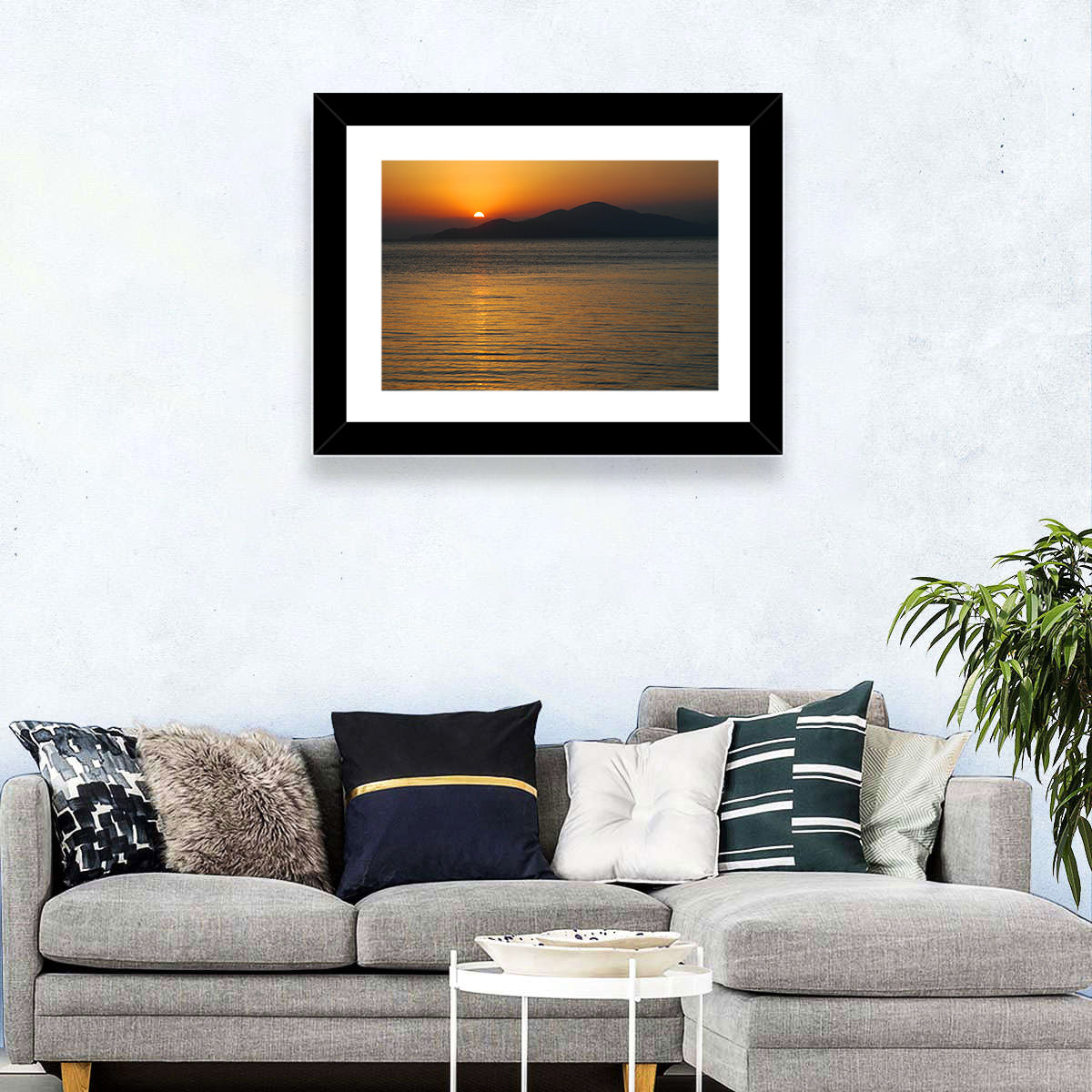 Lake Sevan Sunset Reflection Wall Art in a room, landscape