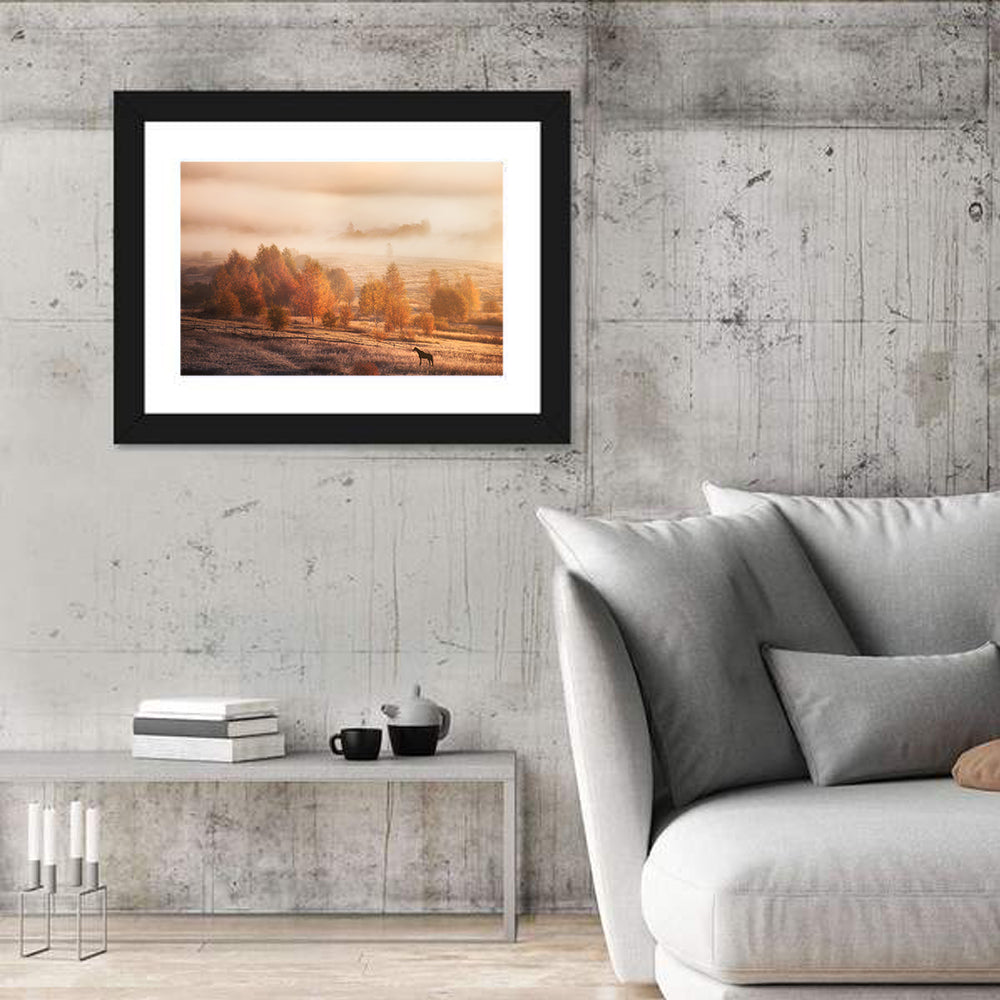 Autumn Morning Horse Silhouette Wall Art in a room, landscape