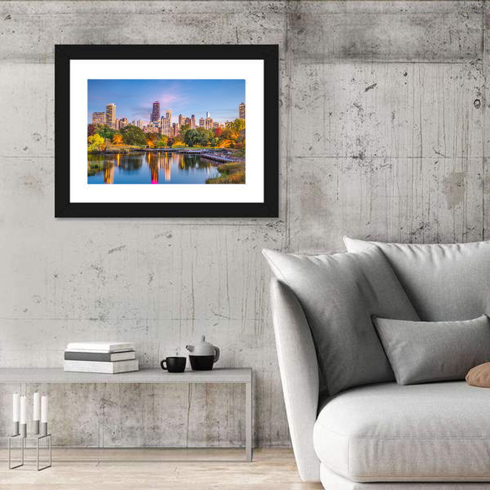 Chicago Skyline at Twilight Wall Art in a room, landscape
