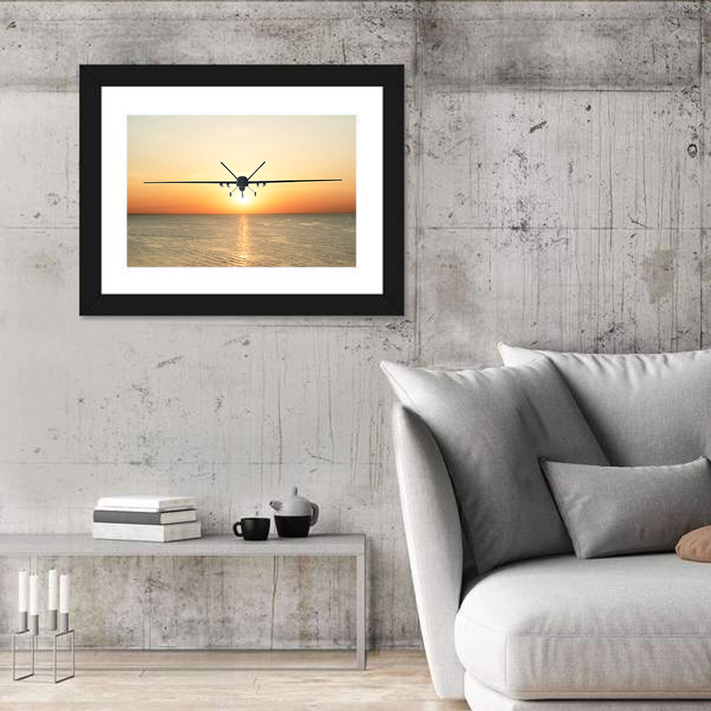 Sunset Surveillance Drone Wall Art in a room, landscape