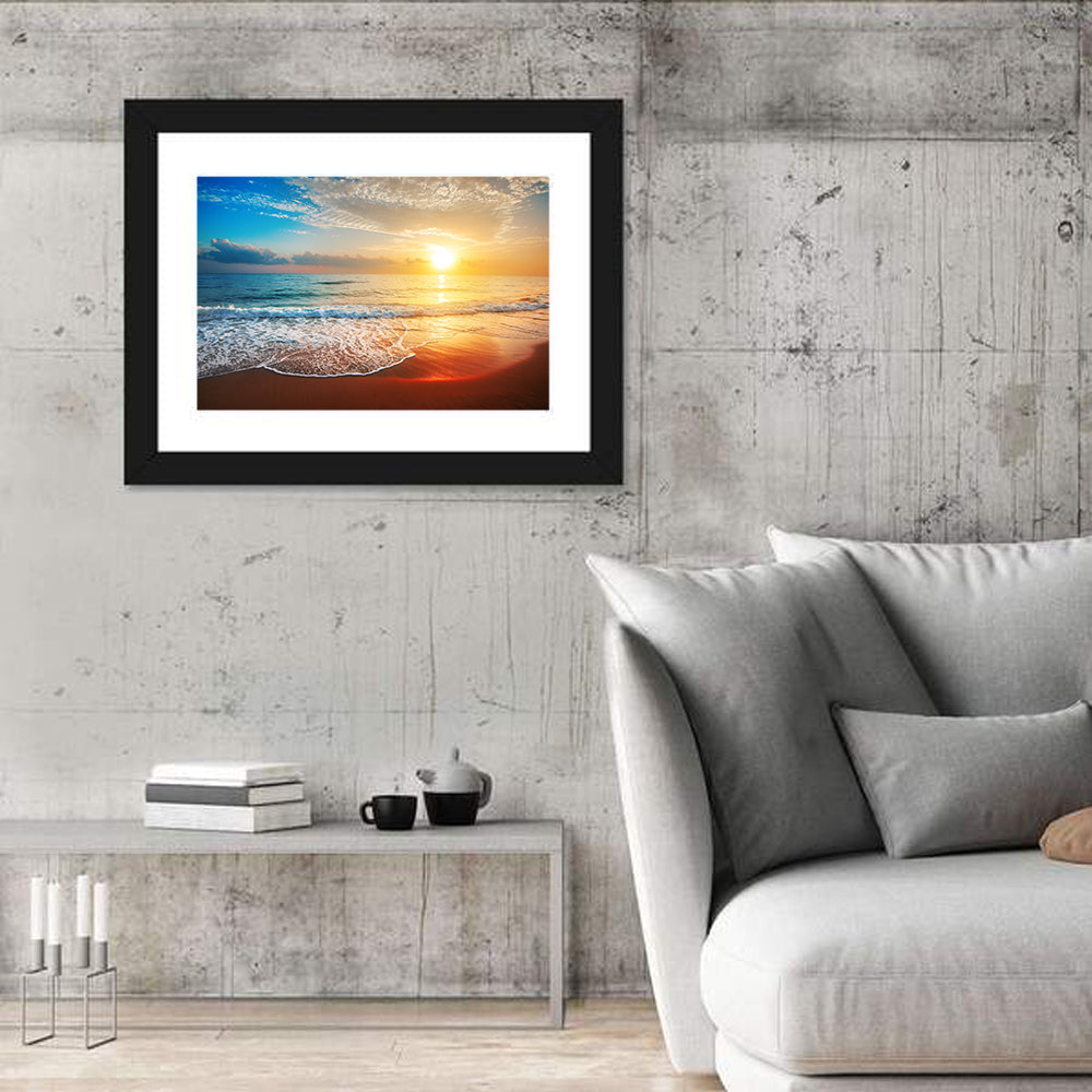 Golden Sea Sunset Wall Art in a room, landscape