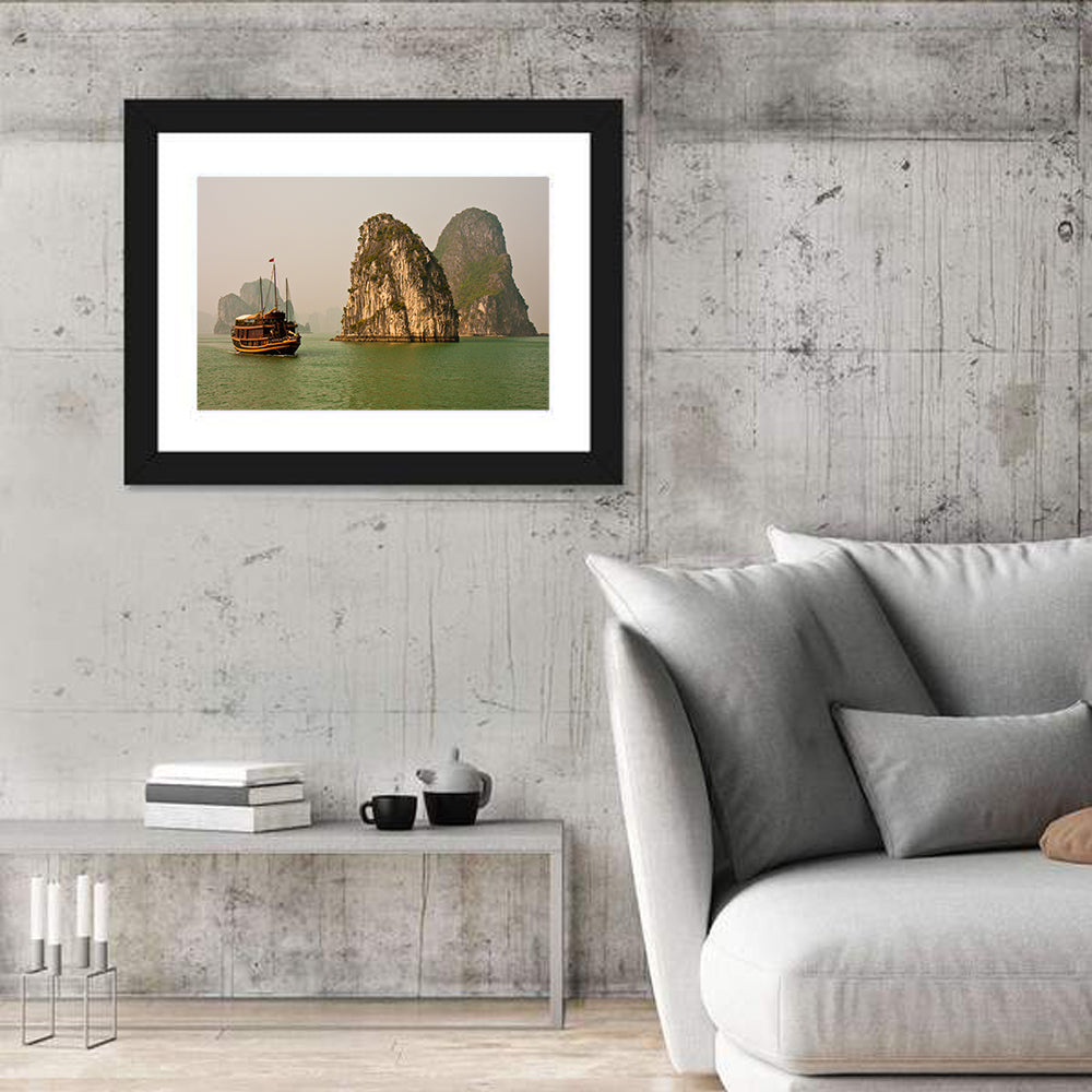 Ha Long Bay Junk Boat and Karst Cliffs Wall Art in a room, landscape