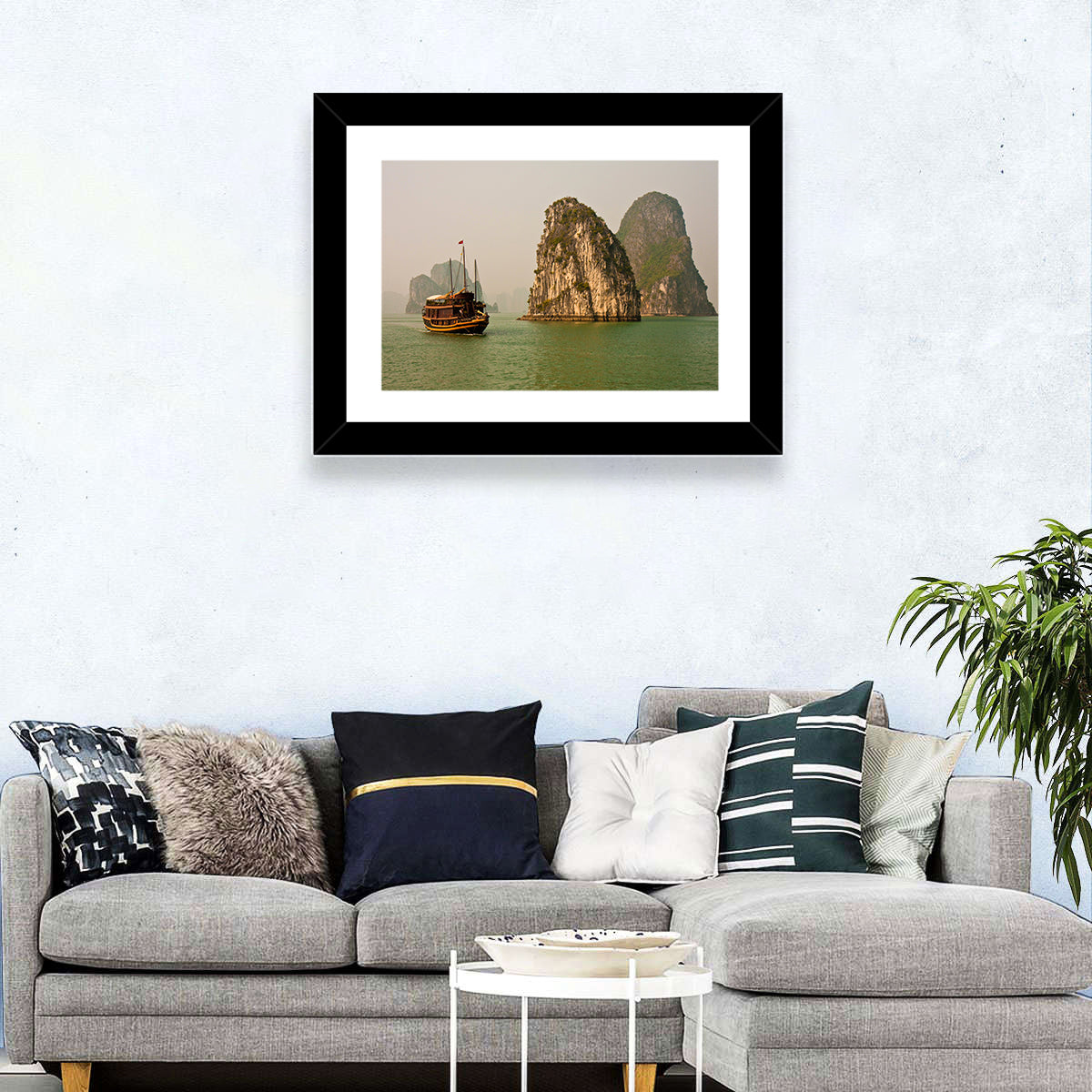 Ha Long Bay Junk Boat and Karst Cliffs Wall Art in a room, landscape
