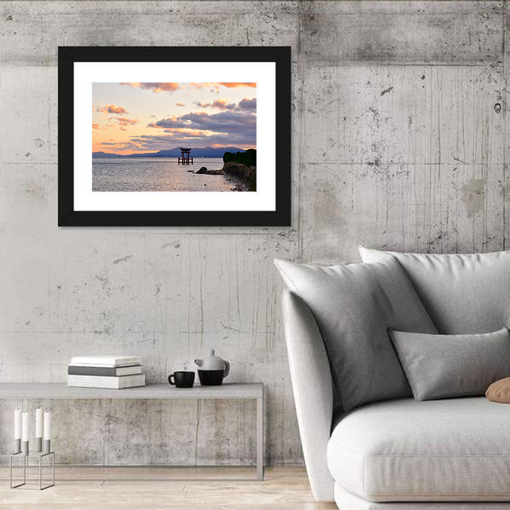 Itsukushima Torii Gate Sunset Wall Art in a room, landscape