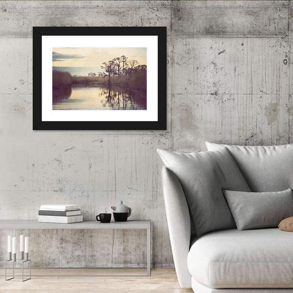 Louisiana Cypress Swamp at Dusk Wall Art in a room, landscape