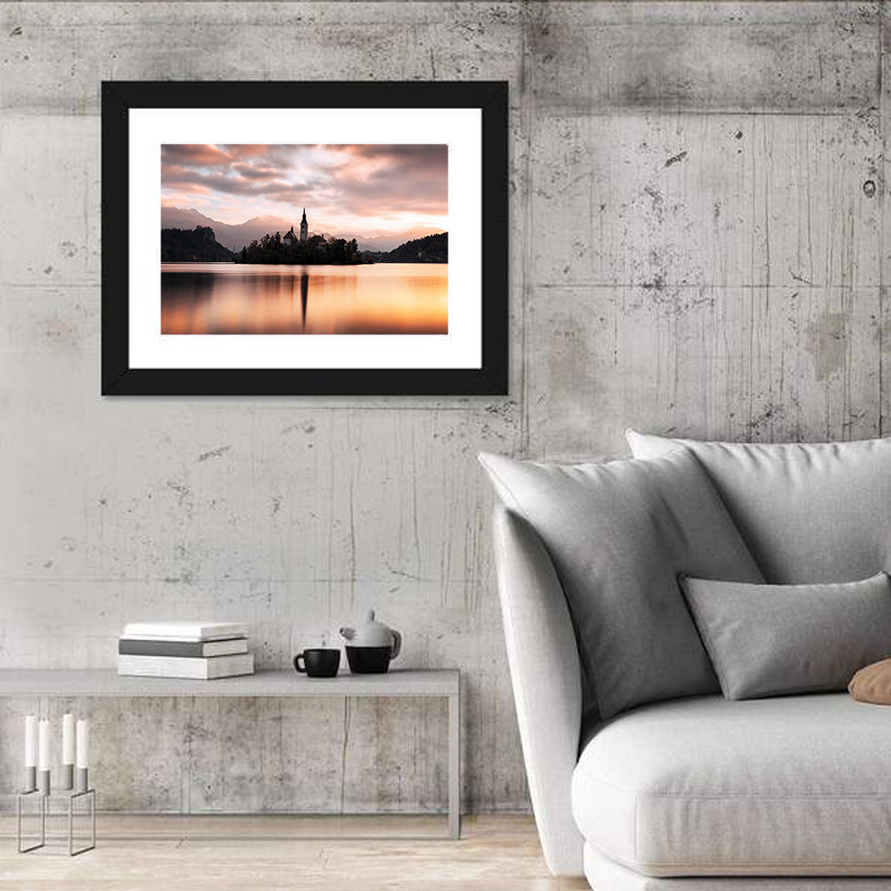 Sunrise Over Bled Island Wall Art in a room, landscape