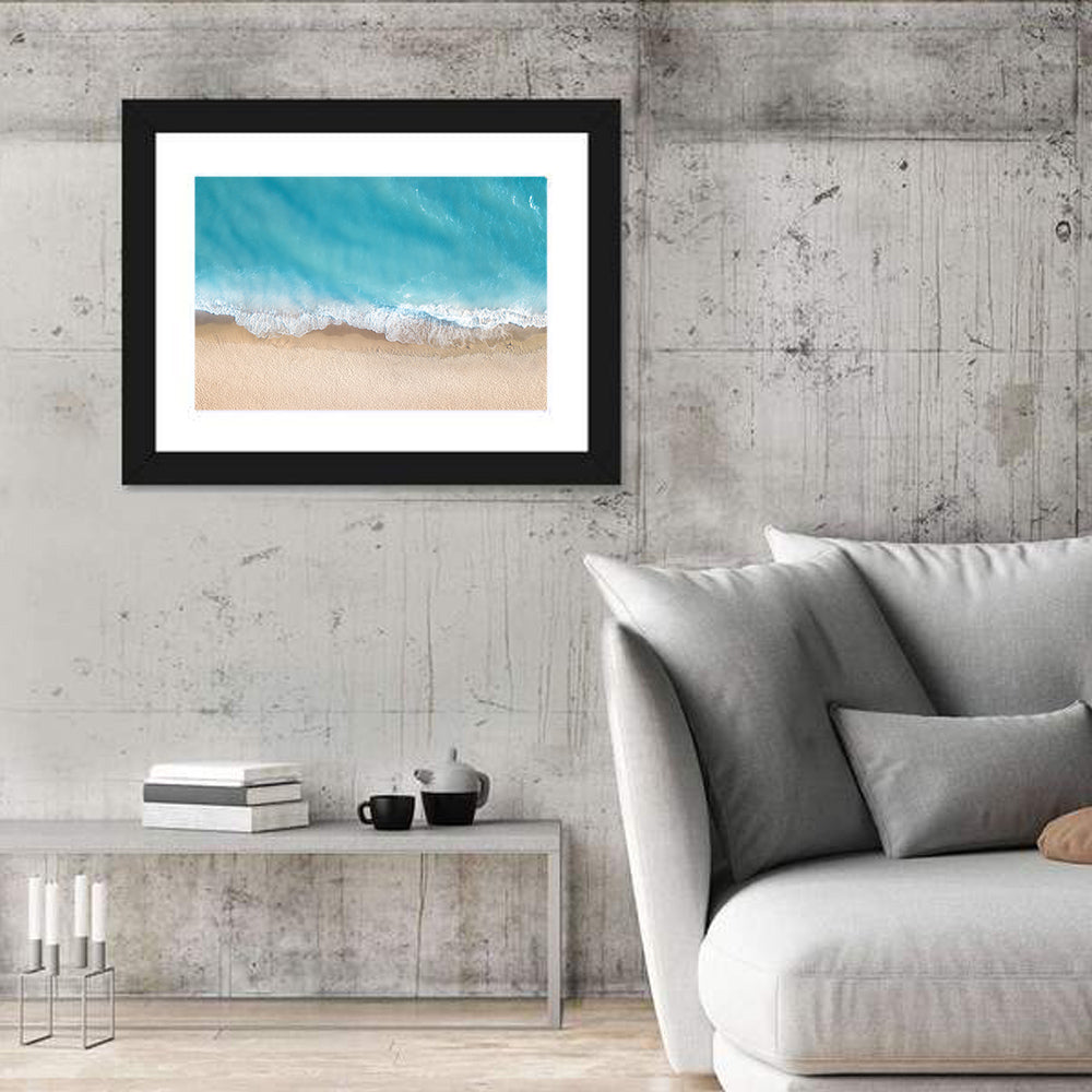 Top-down Turquoise Beachscape Wall Art in a room, landscape