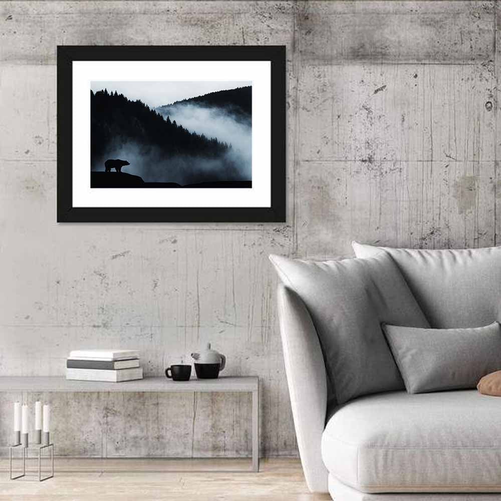 Bear Silhouette on Misty Cliff Wall Art