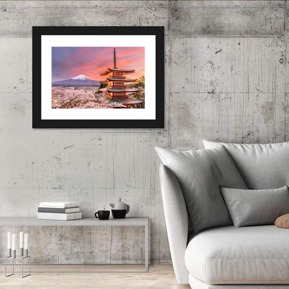 Chureito Pagoda and Mount Fuji at Sunset Wall Art in a room, landscape