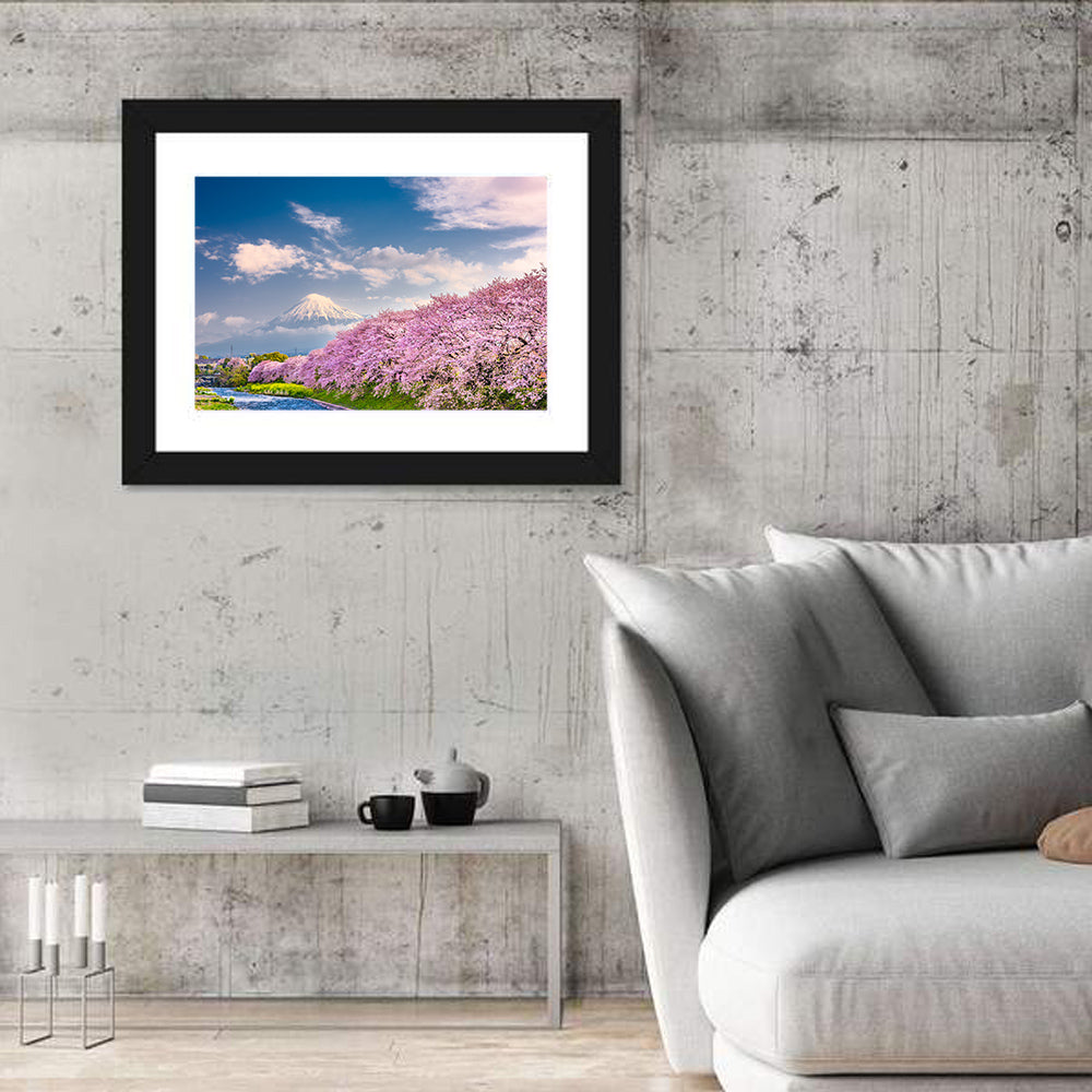 Mount Fuji Cherry Blossoms Wall Art in a room, landscape