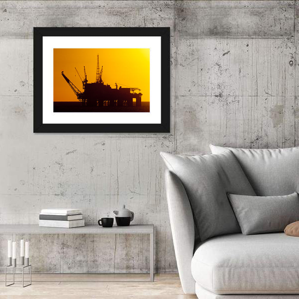 Oil Rig Silhouette at Sunset Wall Art in a room, landscape