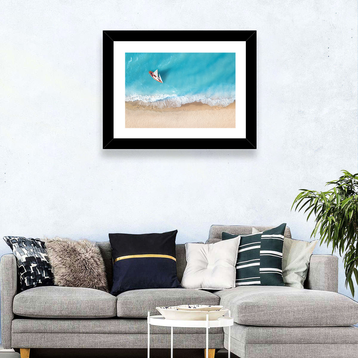Centered Sailboat Over Turquoise Sea Wall Art