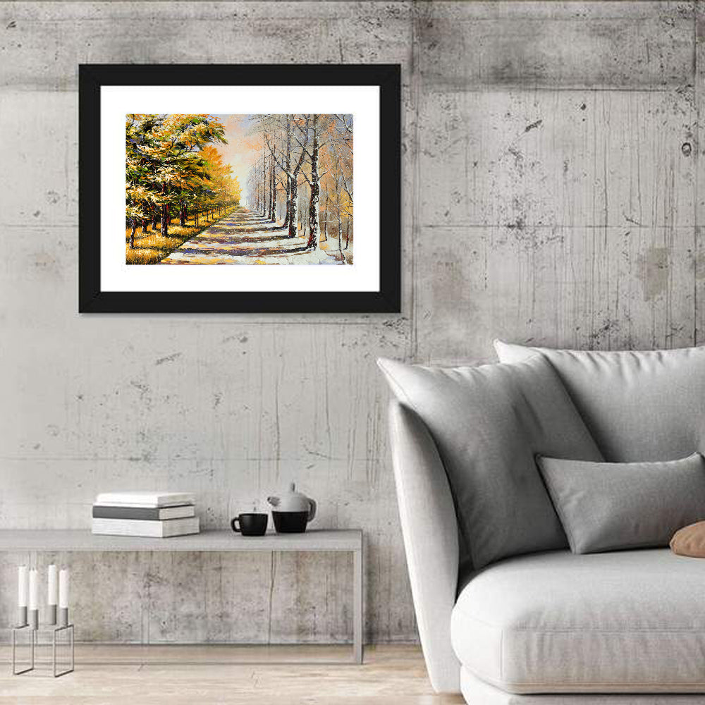 Autumn to Winter Forest Path Wall Art in a room, landscape