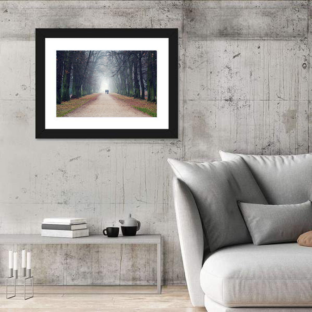 Foggy Tree Lined Walkway in Autumn Wall Art in a room, landscape