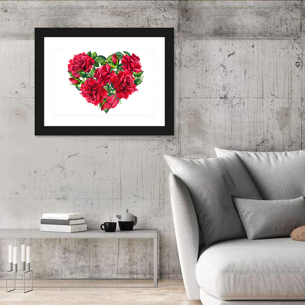 Watercolor Rose Heart Wall Art in a room, landscape
