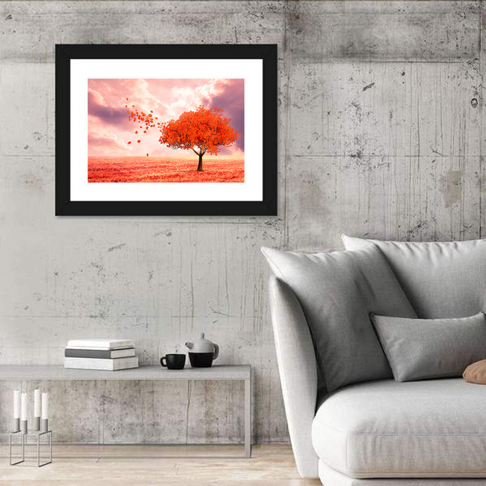 Windblown Red Autumn Tree Wall Art in a room, landscape