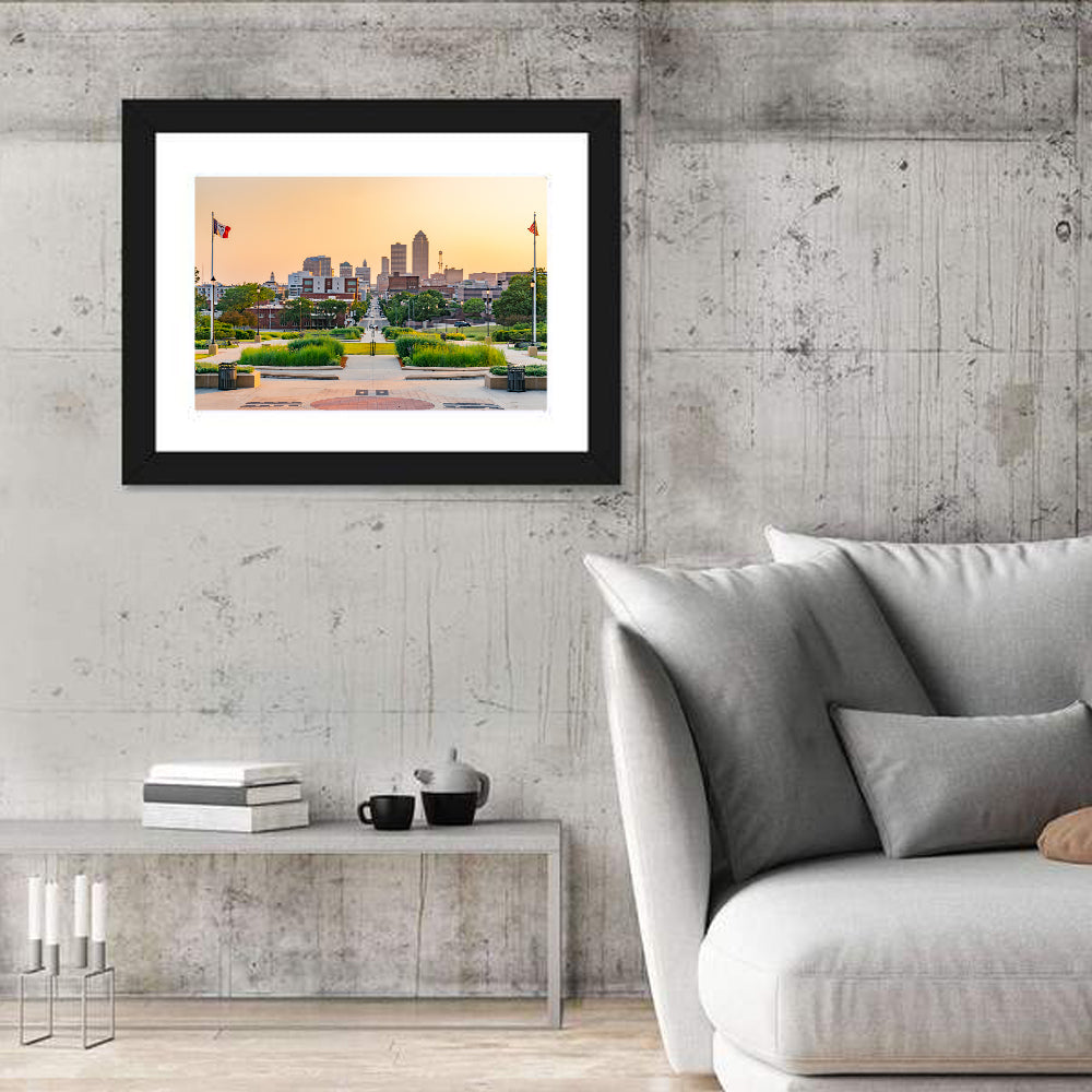 Des Moines Golden Hour Skyline Wall Art in a room, landscape