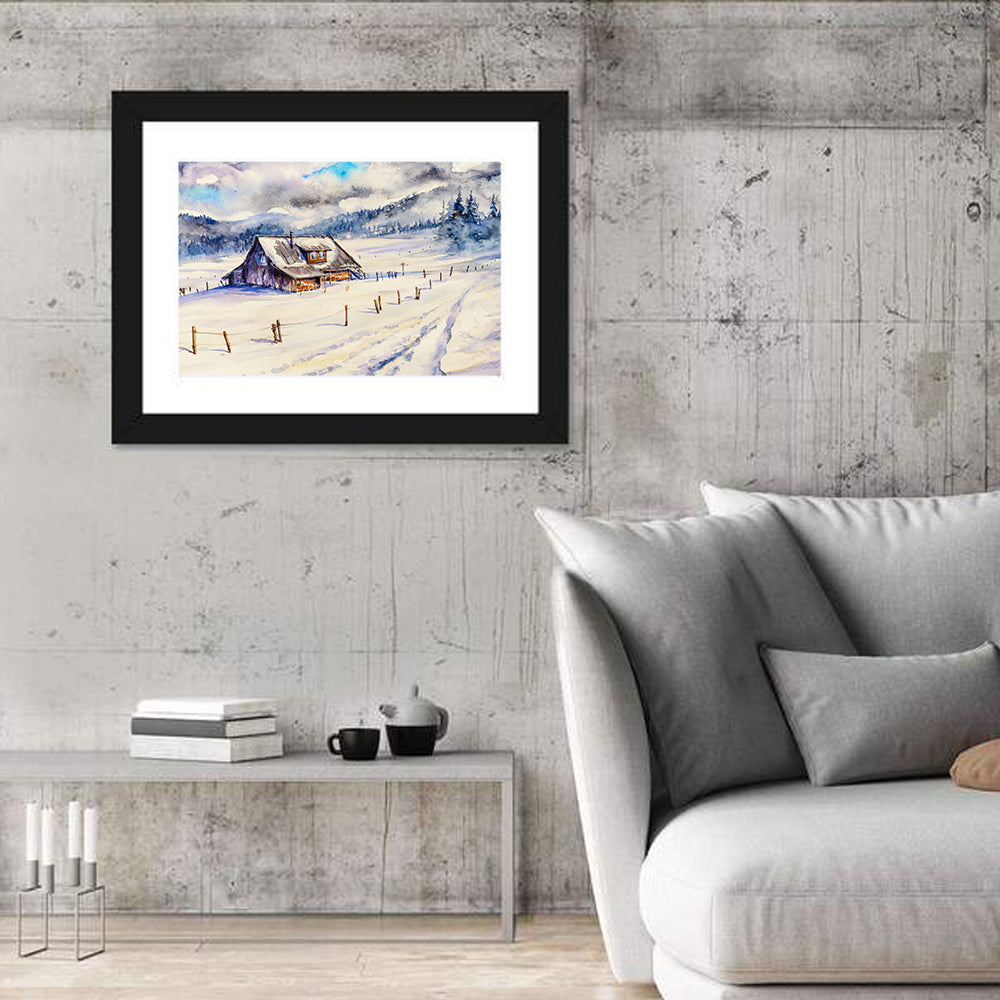 Snowy Mountain Cabin Landscape Wall Art in a room, landscape