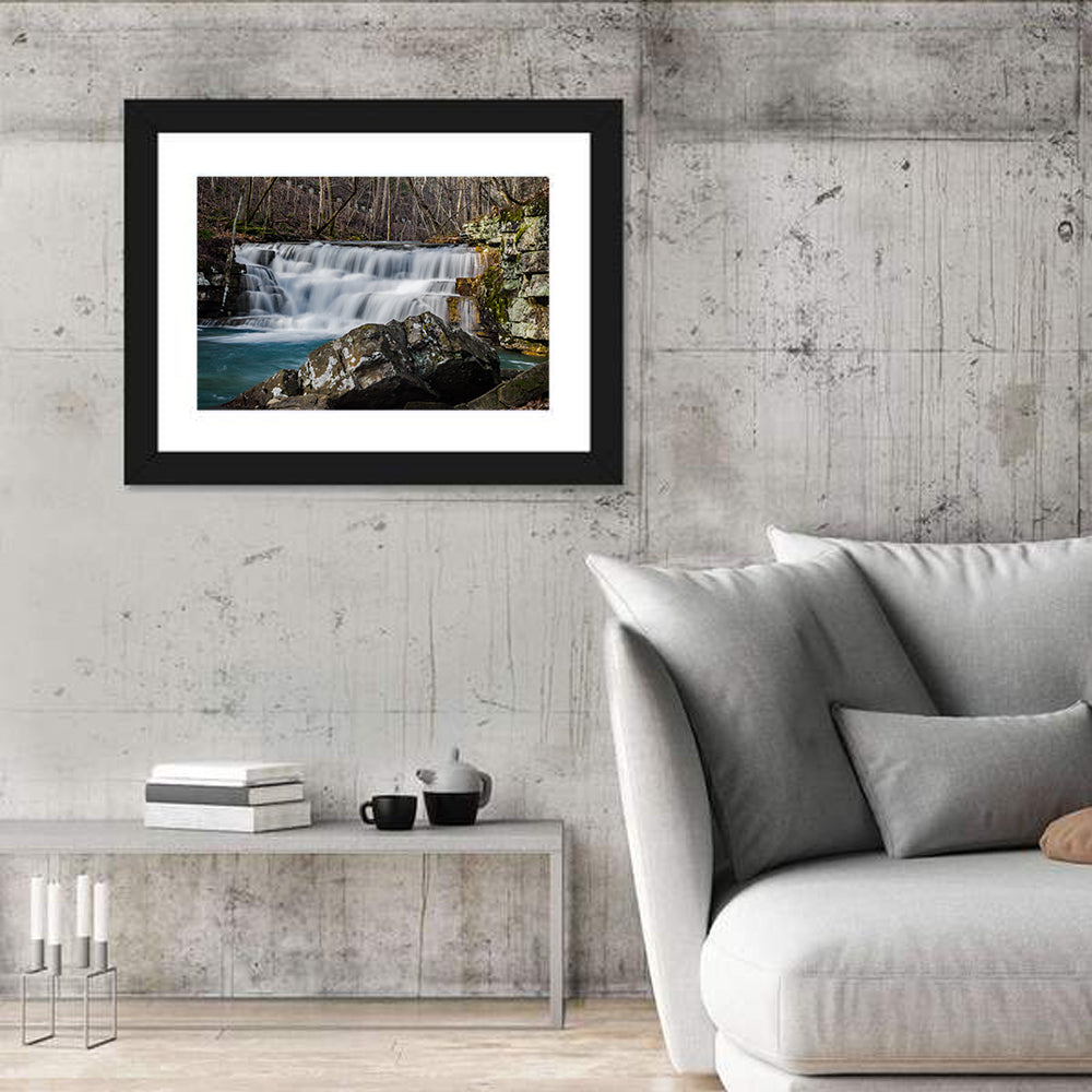 Fenwick Mines Mossy Rock Waterfall Wall Art in a room, landscape