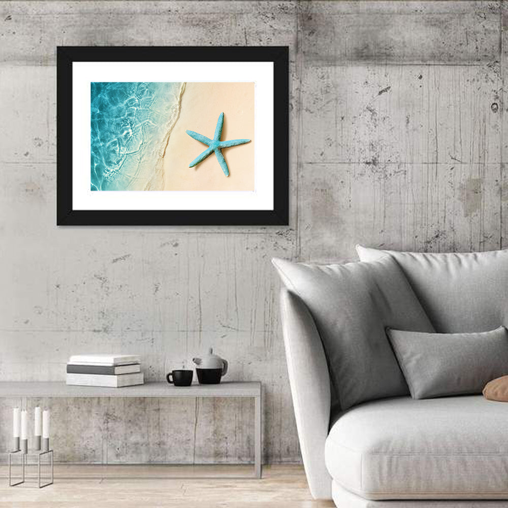 Blue Starfish on Sandy Beach Wall Art in a room, landscape
