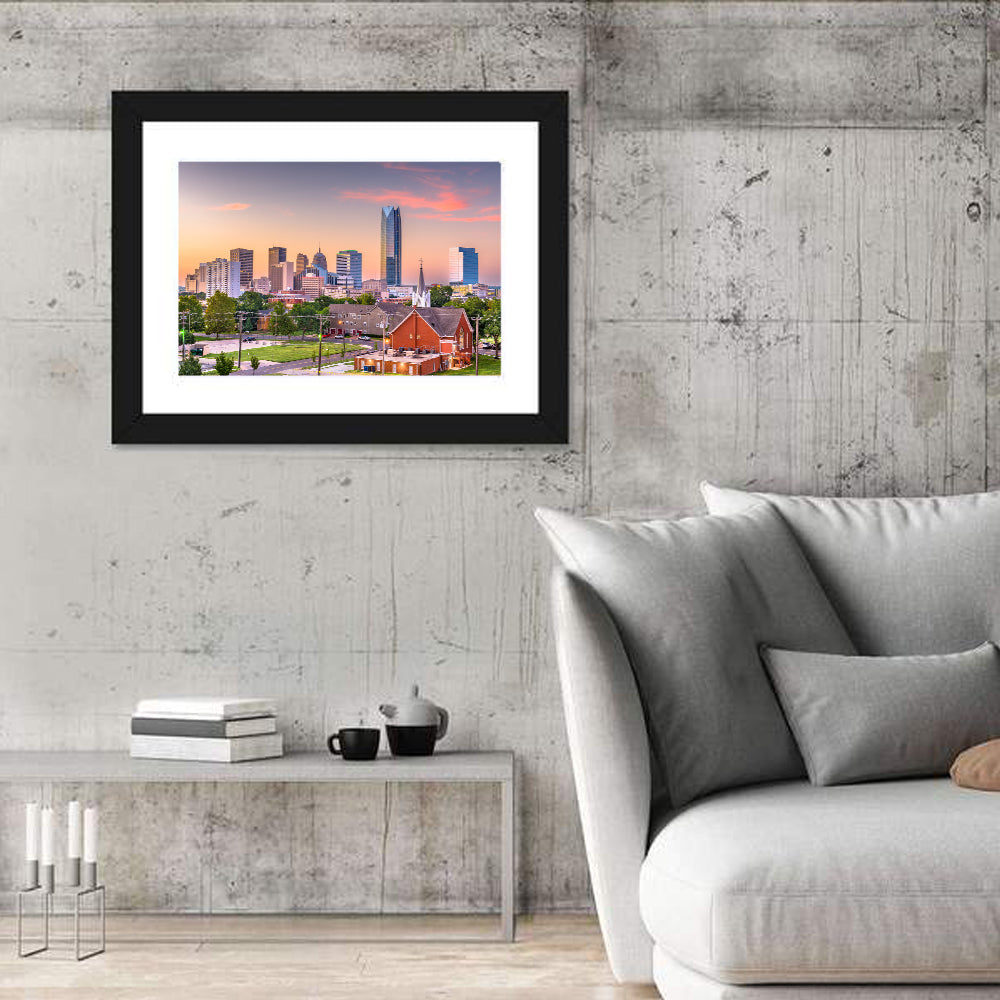 Oklahoma City Golden Hour Skyline Wall Art in a room, landscape