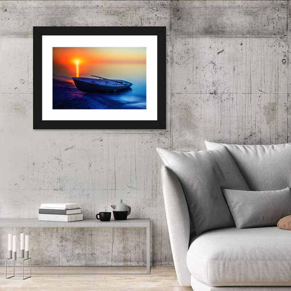 Rowboat on Sandy Shore at Sunset Wall Art in a room, landscape