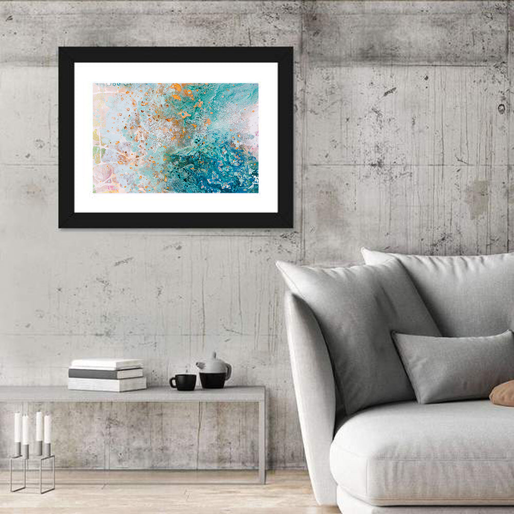 Teal Water Drops Abstract Wall Art in a room, landscape
