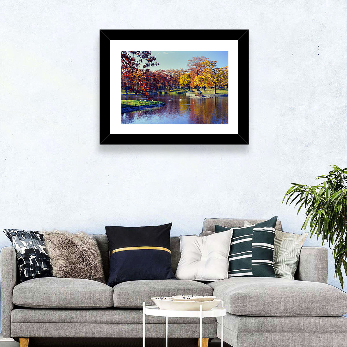 Deering Oaks Autumn Pond Wall Art in a room, landscape