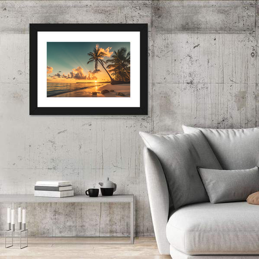 Golden Hour Palm Beach Sunset Wall Art in a room, landscape