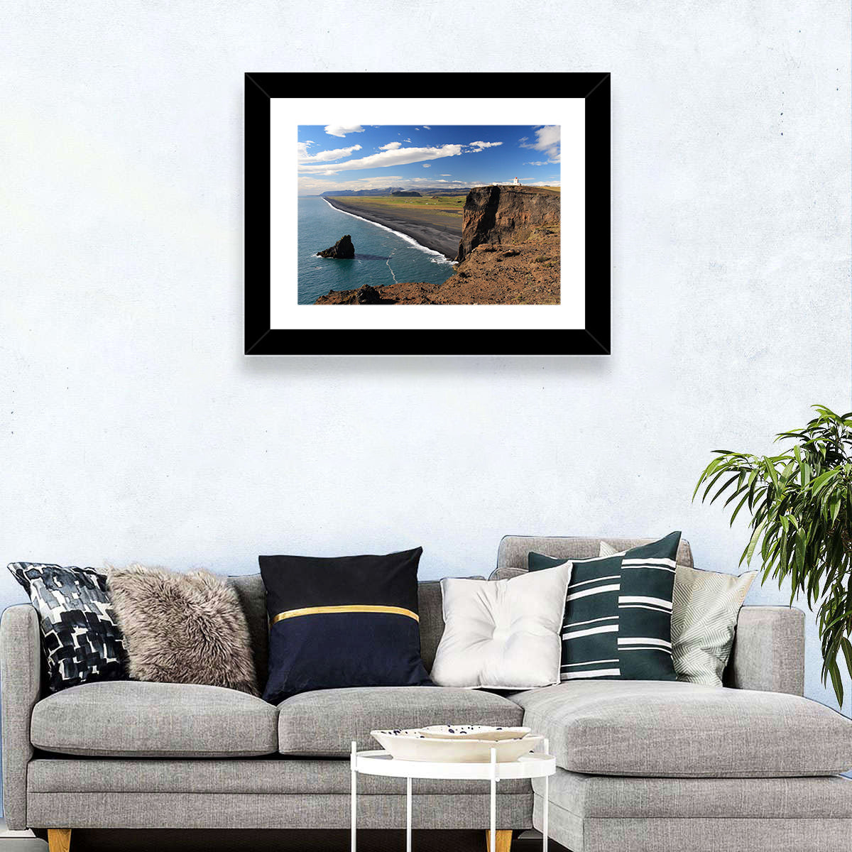 Dyrhólaey Black Sand Beach and Sea Stack Wall Art in a room, landscape