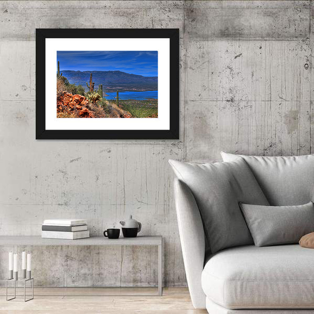 Roosevelt Lake Saguaro Vista Wall Art in a room, landscape