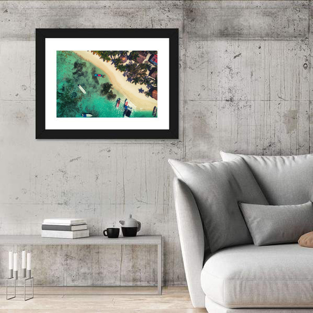 Aerial Tropical Shoreline with Six Boats Wall Art in a room, landscape
