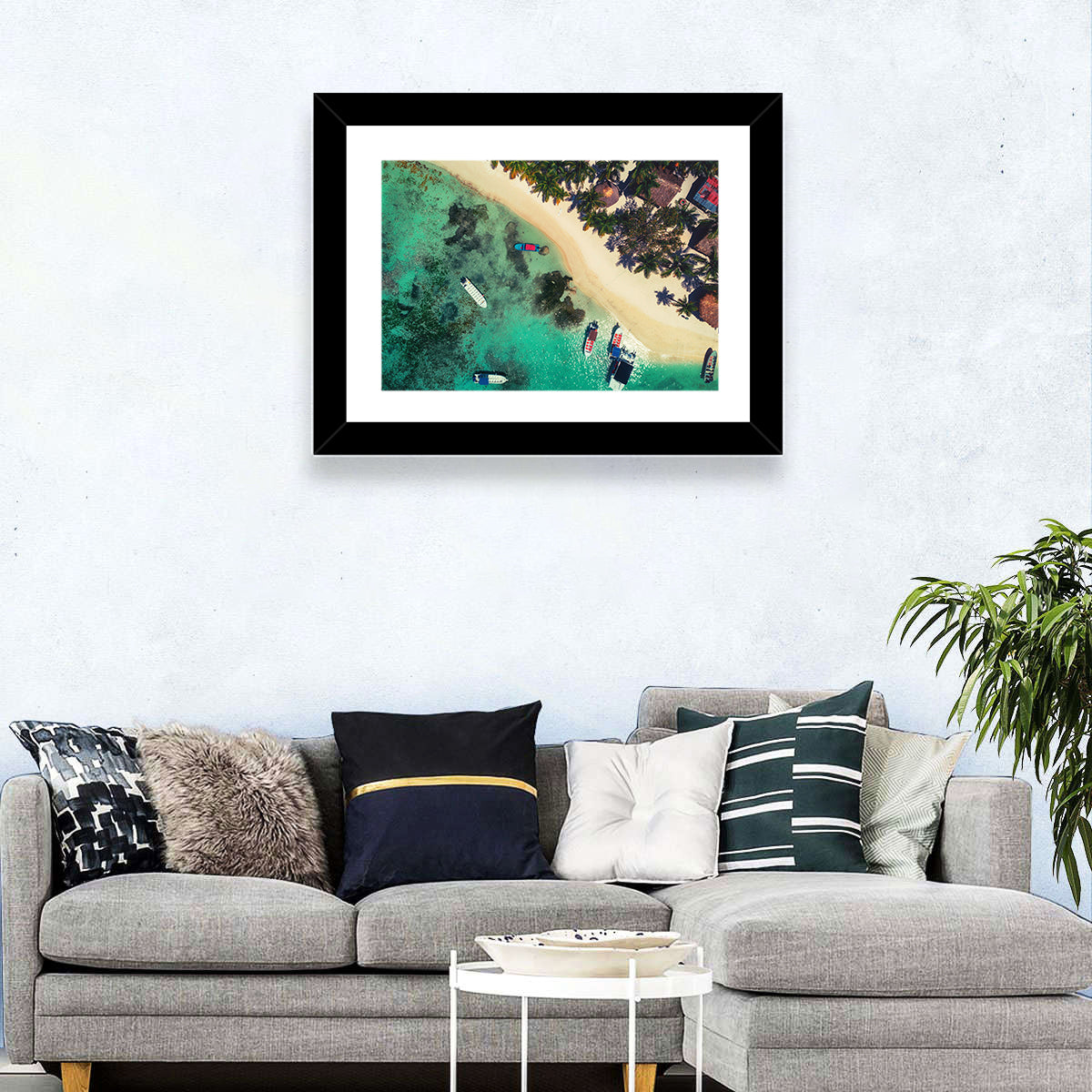 Aerial Tropical Shoreline with Six Boats Wall Art in a room, landscape