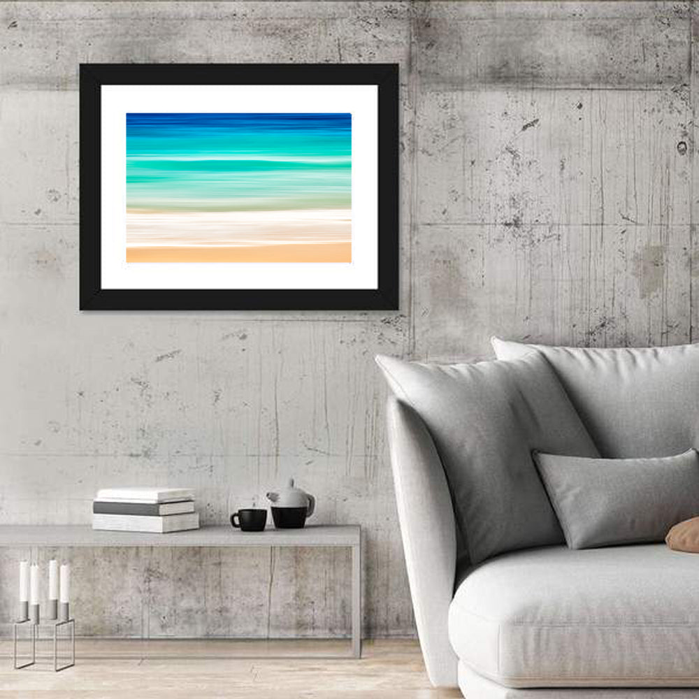 Layered Turquoise Seashore Abstract Wall Art in a room, landscape