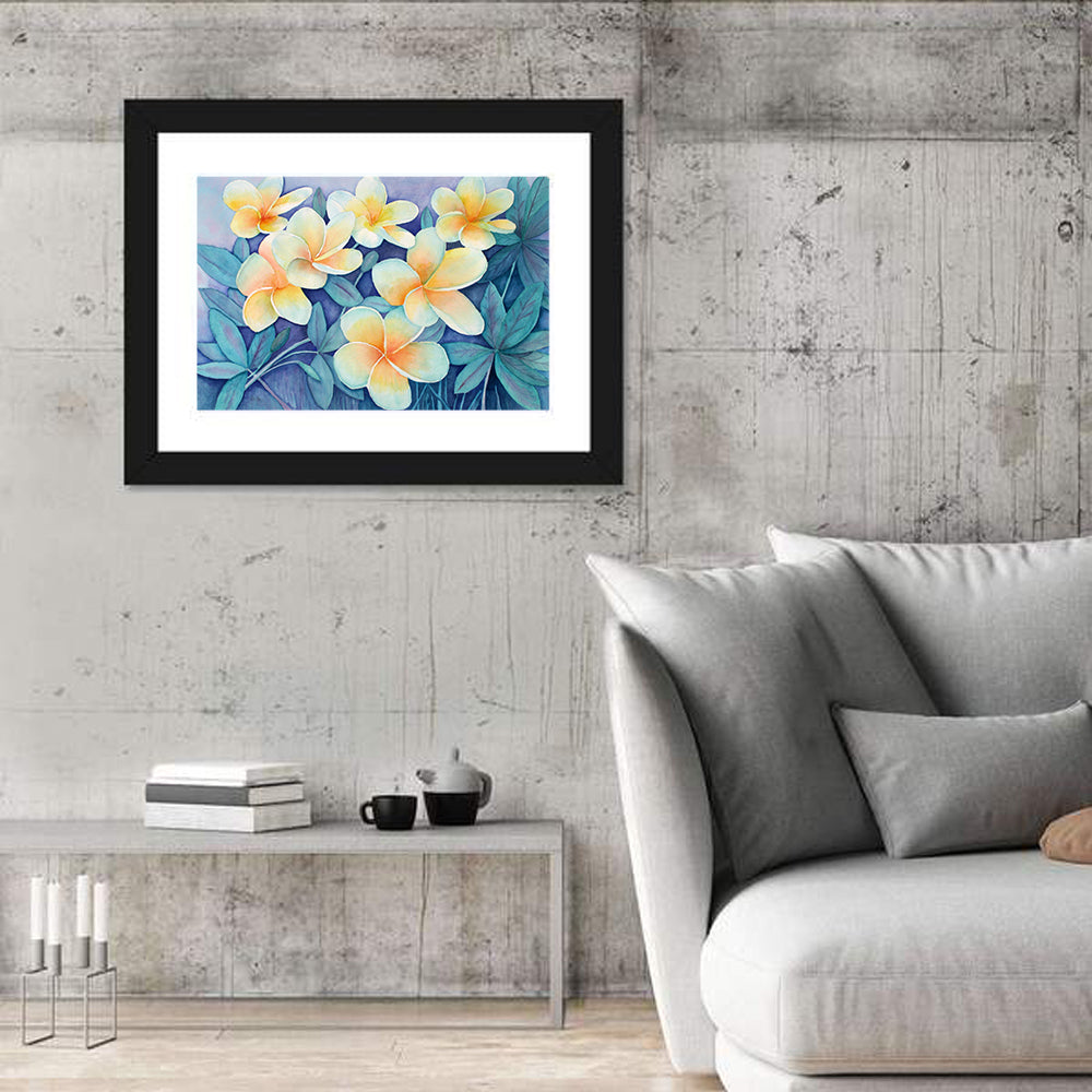 Watercolor Frangipani Cluster Wall Art in a room, landscape