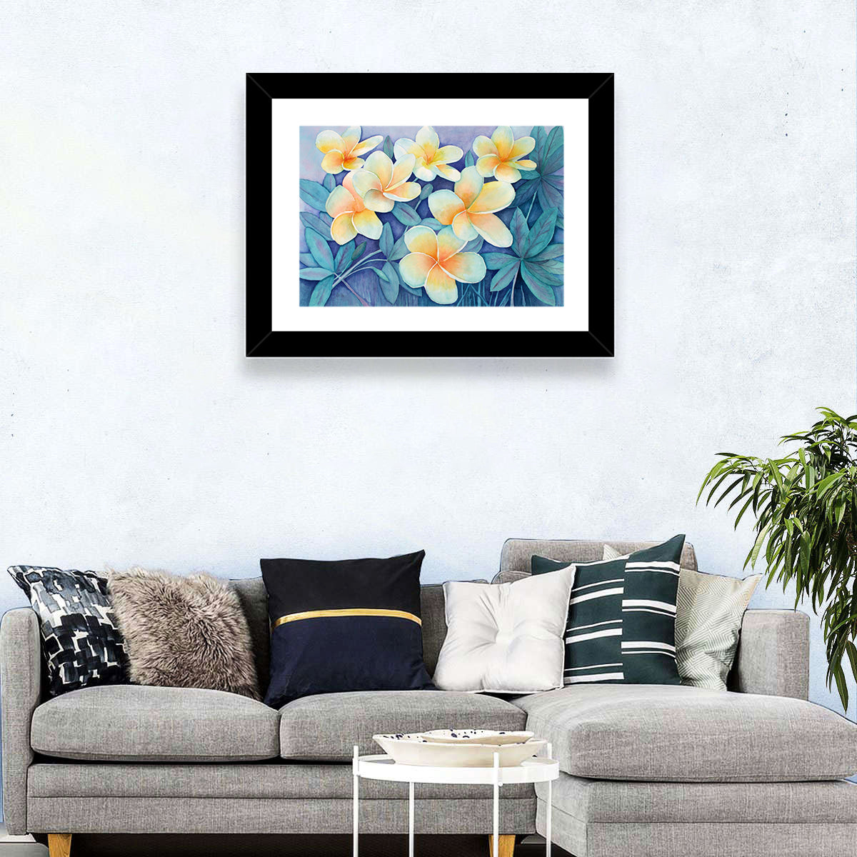 Watercolor Frangipani Cluster Wall Art in a room, landscape