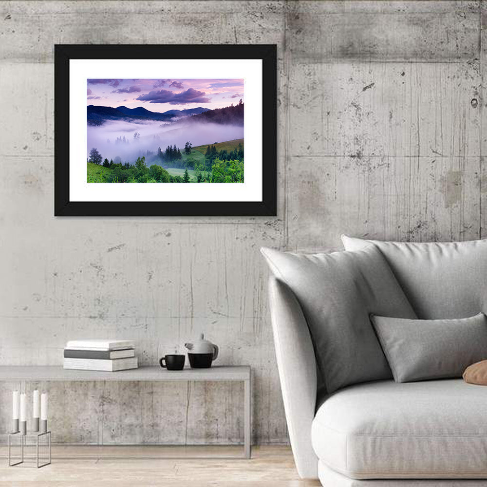 Misty Mountain Valley at Twilight Wall Art in a room, landscape