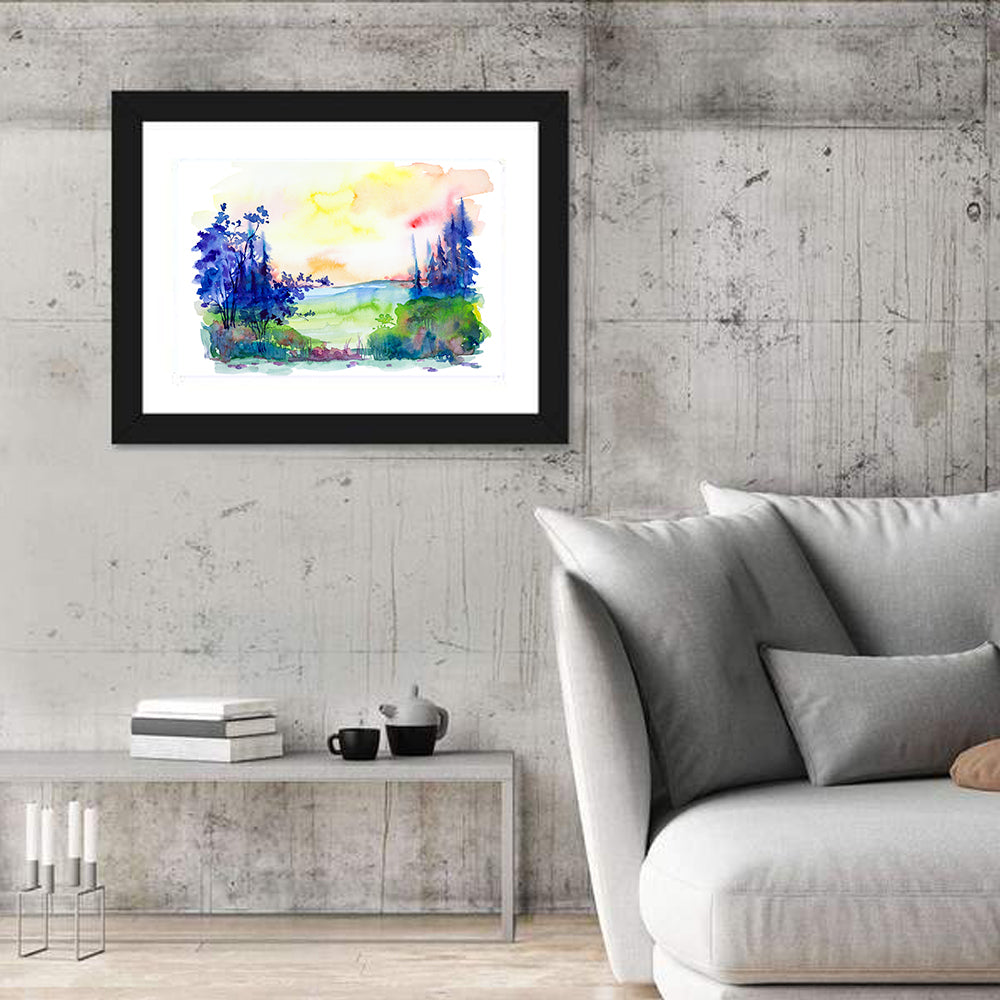 Sunrise Over Summer Forest Wall Art in a room, landscape