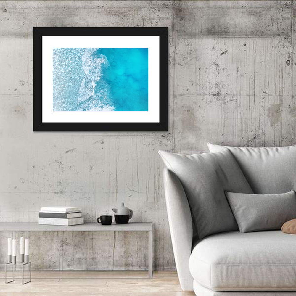Turquoise Aerial Ocean Waves Wall Art in a room, landscape
