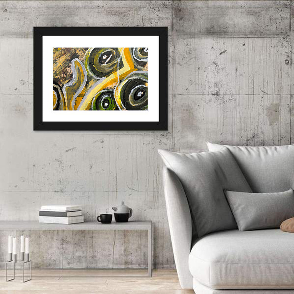 Impasto Swirl Circles in Yellow and Black Wall Art in a room, landscape