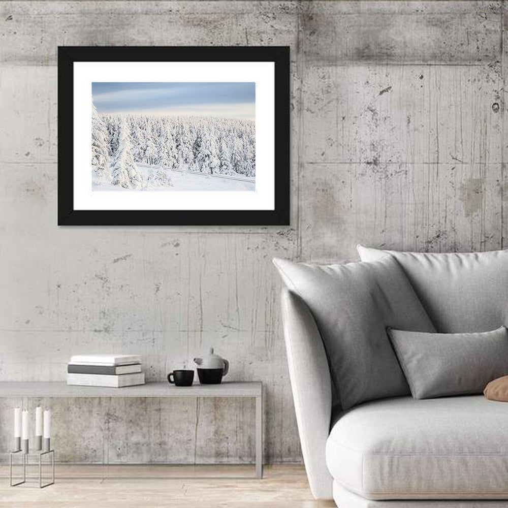 Snowy Forest Railway Tracks Wall Art in a room, landscape
