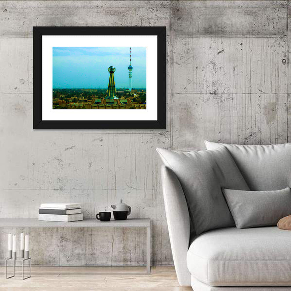 Baghdad Clock Tower Cityscape Wall Art in a room, landscape