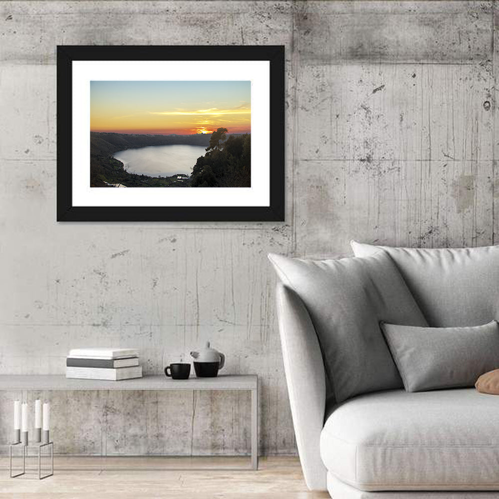 Lake Nemi Golden Sunset Wall Art in a room, landscape