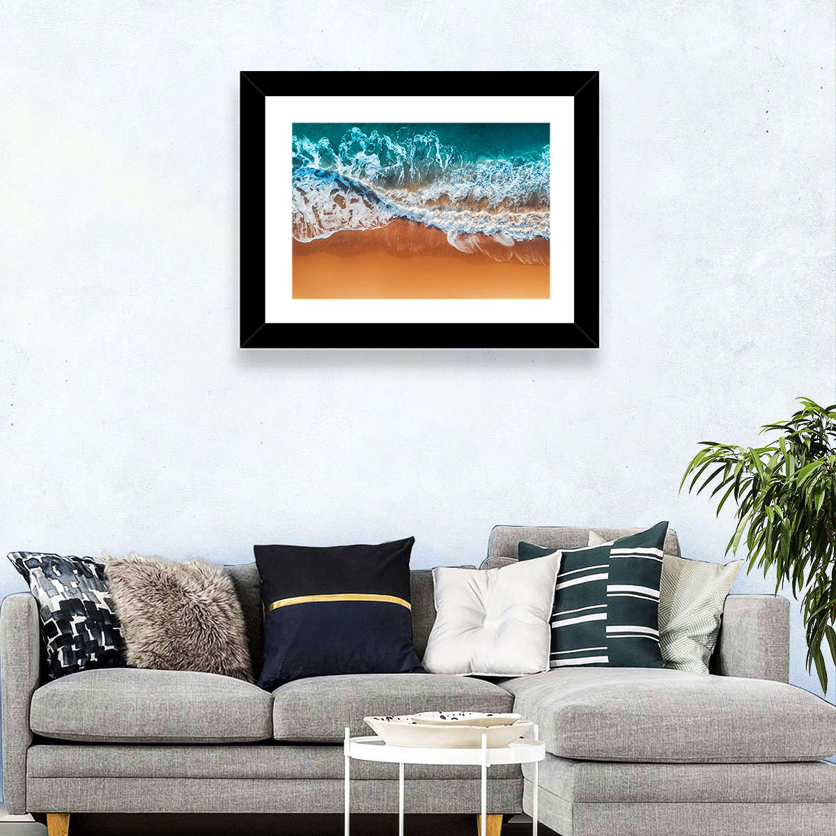 Aerial Beach Waves Wall Art in a room, landscape