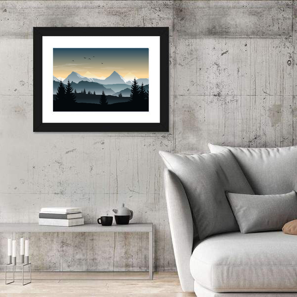 Misty Hills Sunset Silhouette Wall Art in a room, landscape