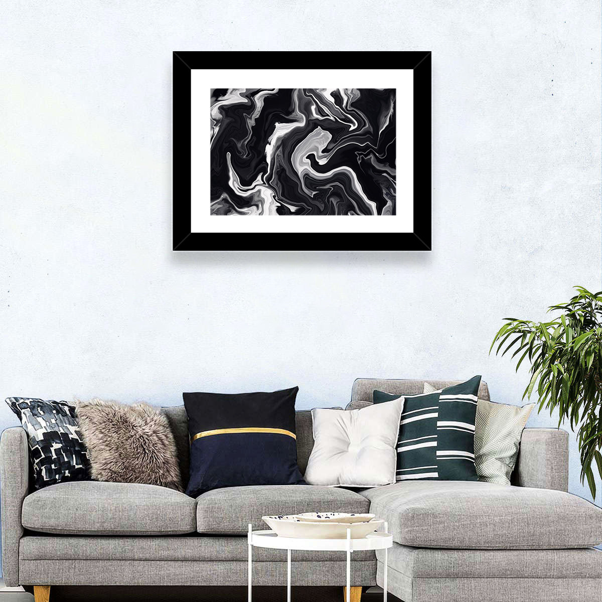 Flowing Black Marble Abstract Wall Art in a room, landscape