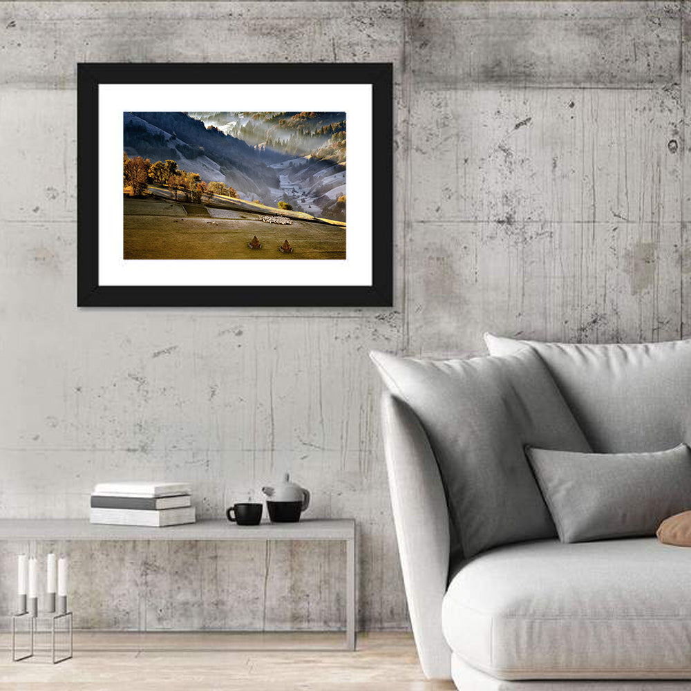 Mountain Village in Morning Mist Wall Art in a room, landscape